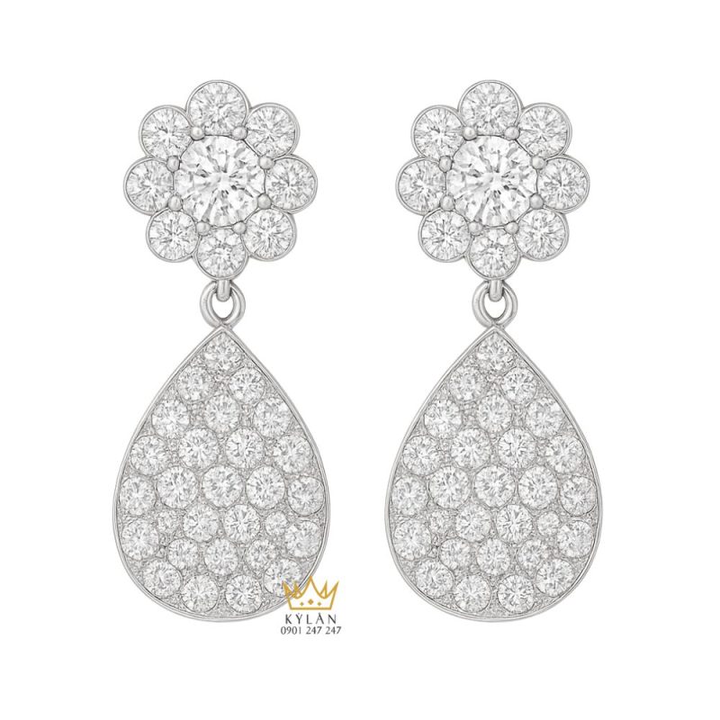 Bông tai Dewdrop vàng trắng nguyên khối Au750 đính kim cương