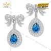 Bông tai vàng trắng Au750 đính kim cương & đá sapphire xanh