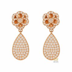 Bông tai Camellia Dewdrop vàng hồng nguyên khối Au750 đính kim cương