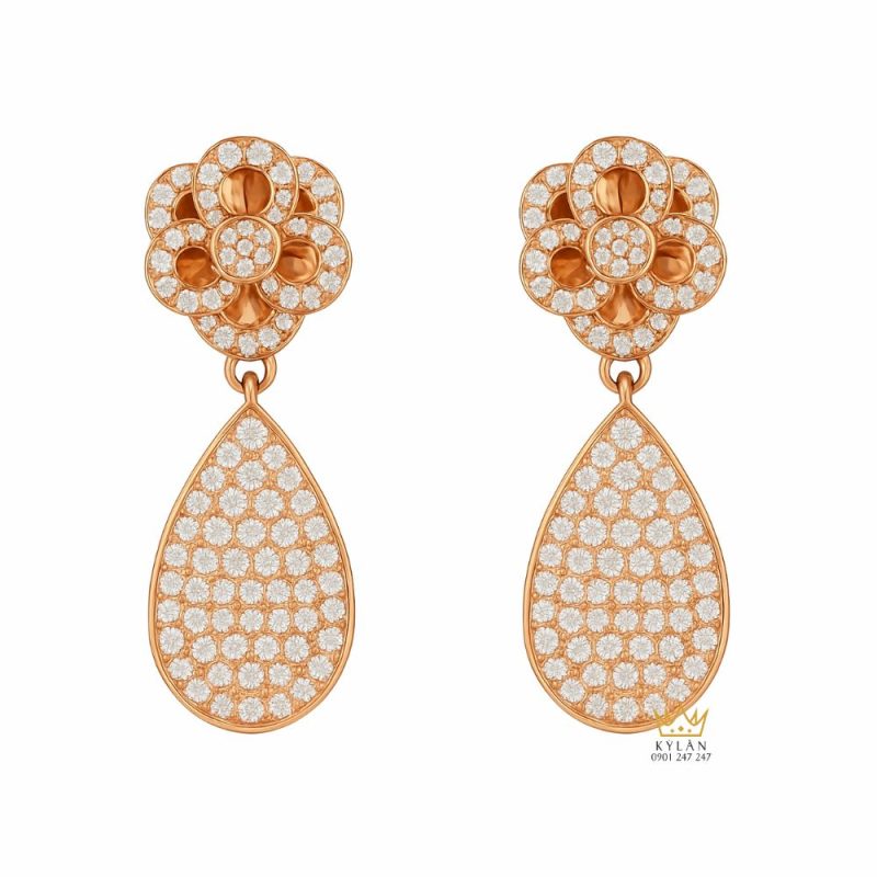 Bông tai Camellia Dewdrop vàng hồng nguyên khối Au750 đính kim cương
