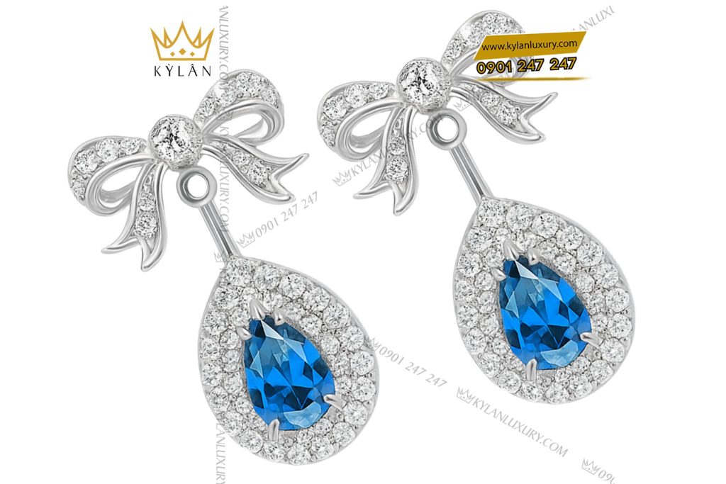 Bông tai vàng trắng Au750 đính kim cương & đá sapphire xanh