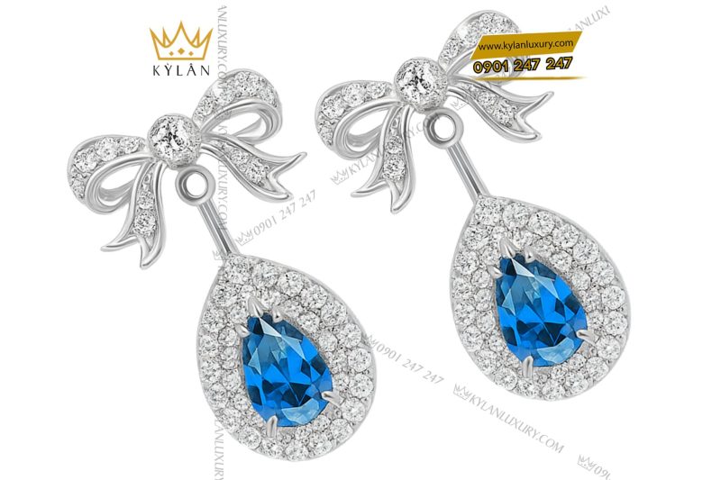 Bông tai vàng trắng Au750 đính kim cương & đá sapphire xanh