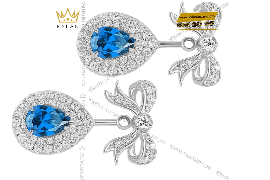 Bông tai vàng trắng Au750 đính kim cương & đá sapphire xanh