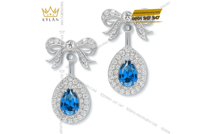 Bông tai vàng trắng Au750 đính kim cương & đá sapphire xanh