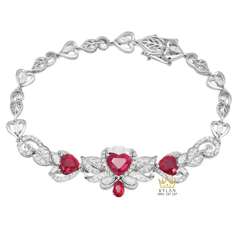 Lắc tay Scarlet Heart vàng trắng nguyên khối Au750 đính đá quý