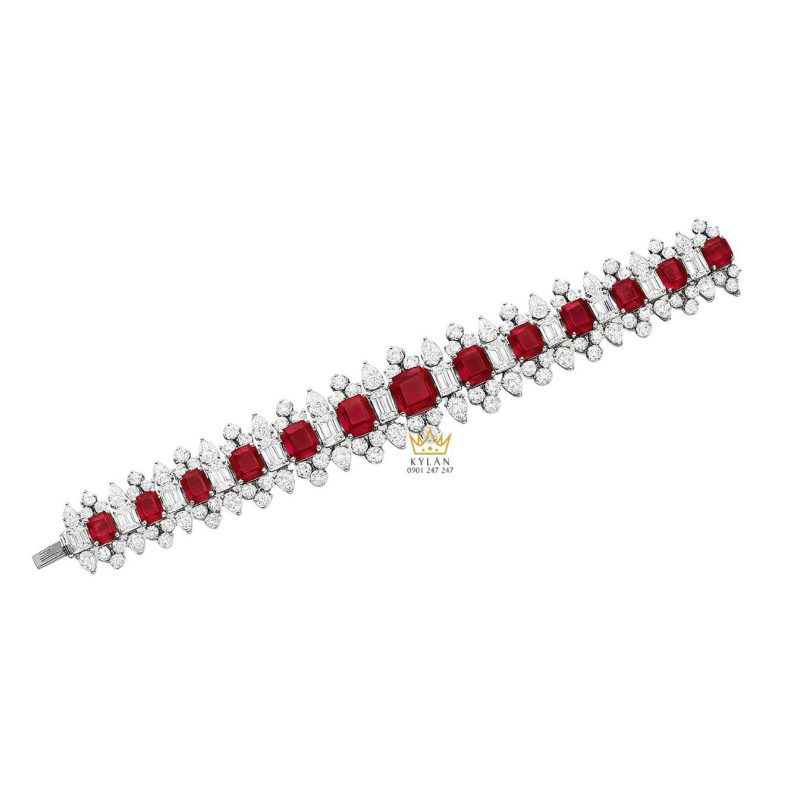 Lắc tay Imperial Flame vàng trắng nguyên khối Au750 đính đá quý đỏ