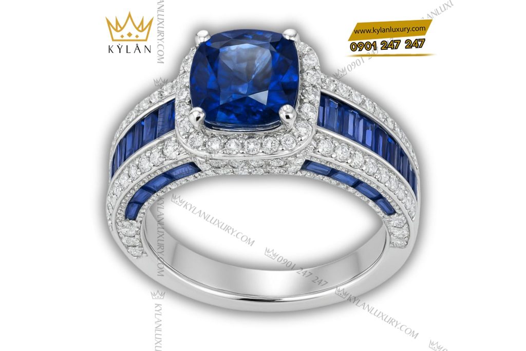 Nhẫn Royal Blue vàng trắng nguyên khối Au750 đính đá quý