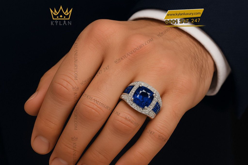 Nhẫn Royal Blue vàng trắng nguyên khối Au750 đính đá quý