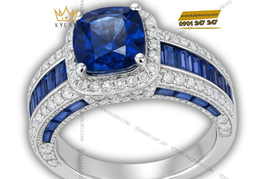 Nhẫn Royal Blue vàng trắng nguyên khối Au750 đính đá quý