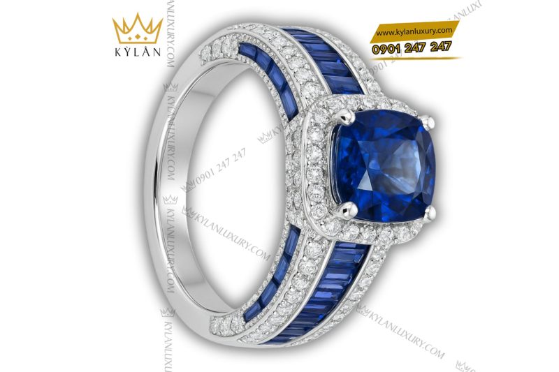 Nhẫn Royal Blue vàng trắng nguyên khối Au750 đính đá quý