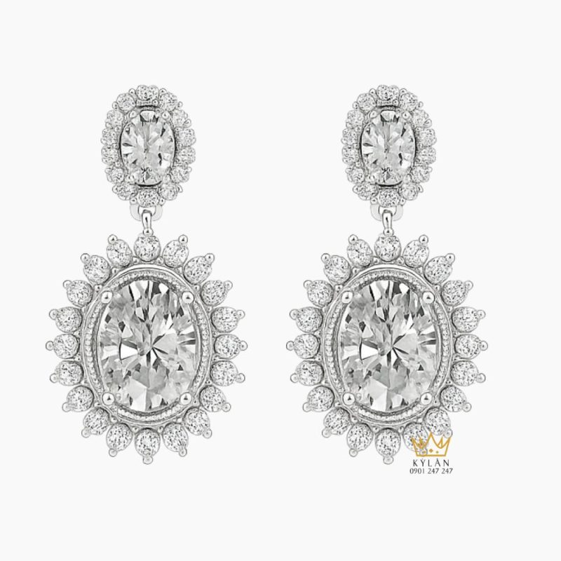 Bông tai The Queen vàng trắng nguyên khối Au750 đính kim cương