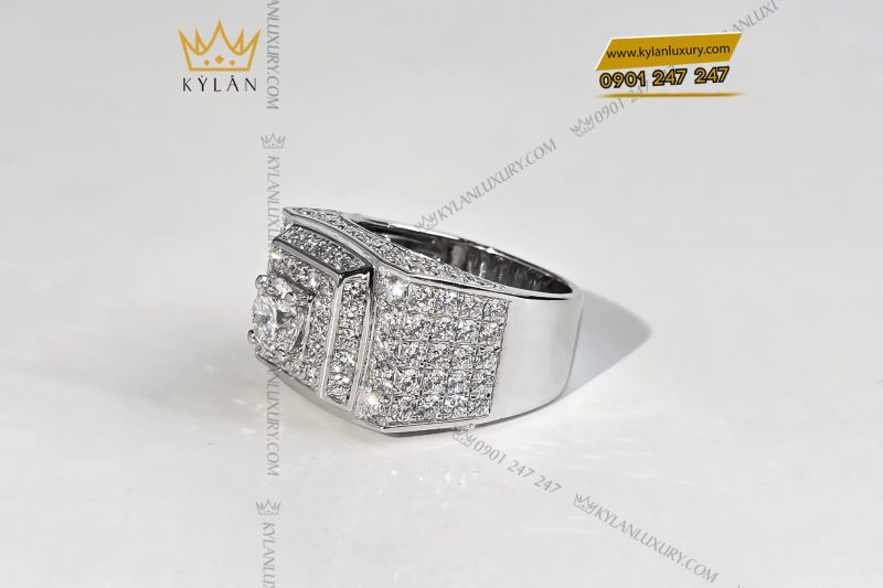 Nhẫn nam vàng trắng nguyên khối Au750 đính viên chủ kim cương 6ly6
