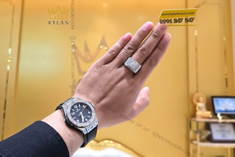 Nhẫn nam vàng trắng nguyên khối Au750 đính viên chủ kim cương 6ly6