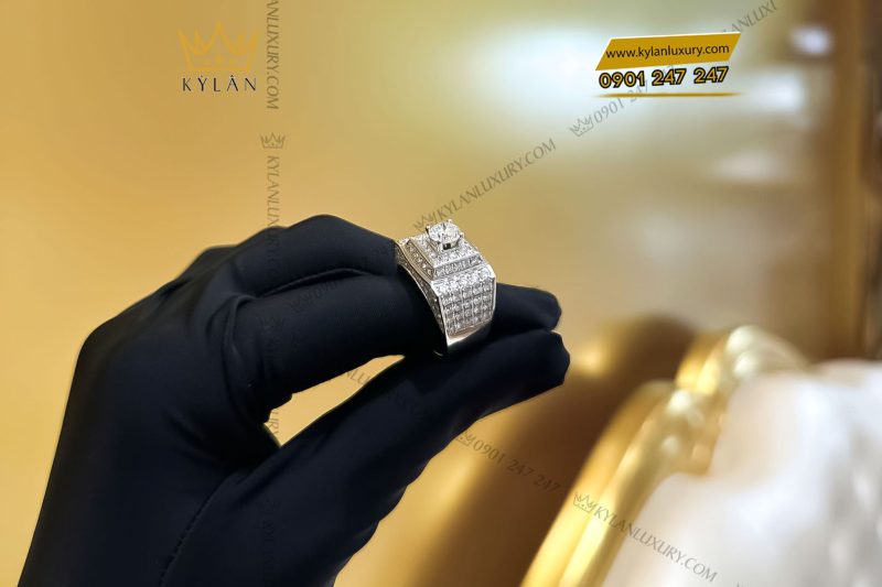 Nhẫn nam vàng trắng nguyên khối Au750 đính viên chủ kim cương 6ly6