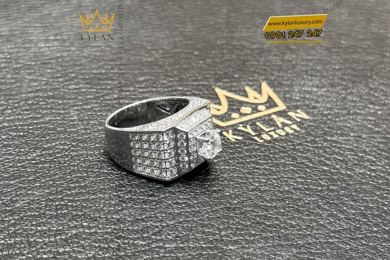 Nhẫn nam vàng trắng nguyên khối Au750 đính viên chủ kim cương 6ly6