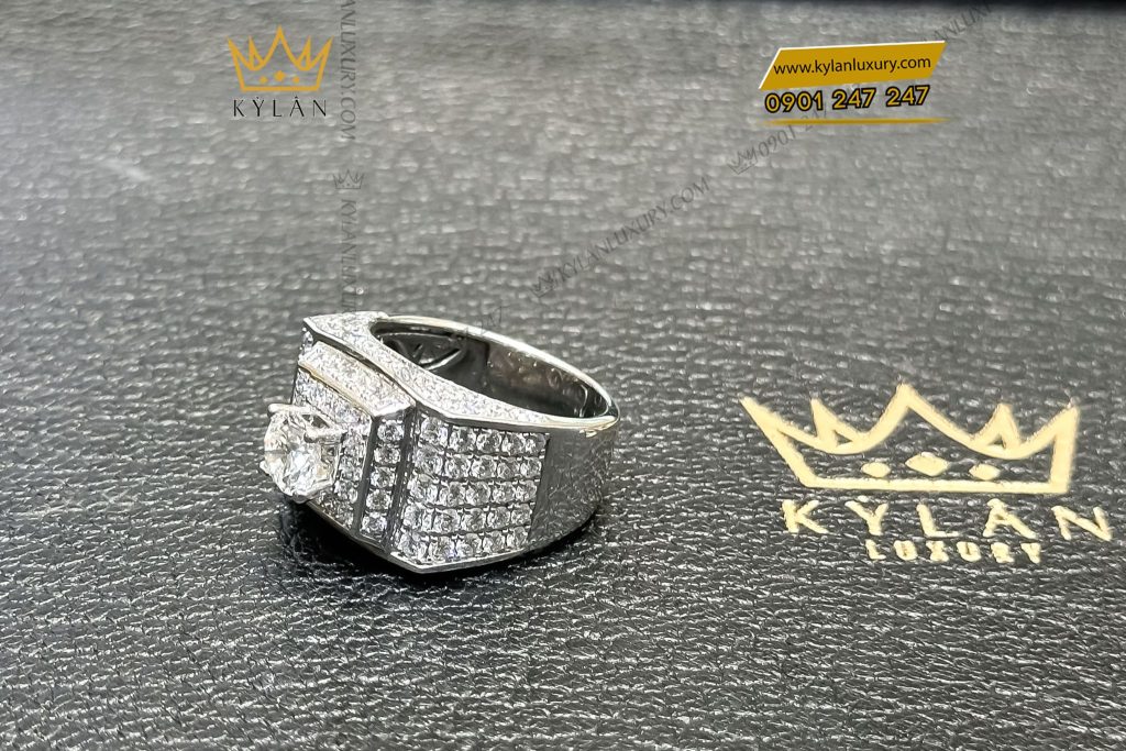 Nhẫn nam vàng trắng nguyên khối Au750 đính viên chủ kim cương 6ly6