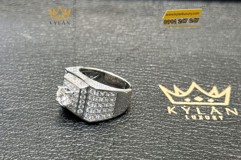 Nhẫn nam vàng trắng nguyên khối Au750 đính viên chủ kim cương 6ly6