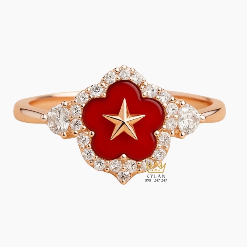 Nhẫn ngôi sao đỏ vàng hồng Au750 đính kim cương