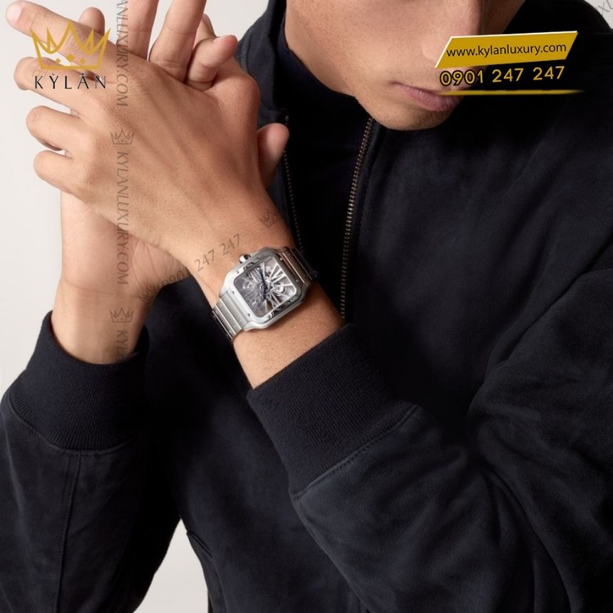 Kỳ Lân Luxury dong ho cartier santos de cartier sskeleton crwhsa0015 8 Đồng Hồ Cartier Santos de Cartier Skeleton thép lộ cơ CRWHSA0015
