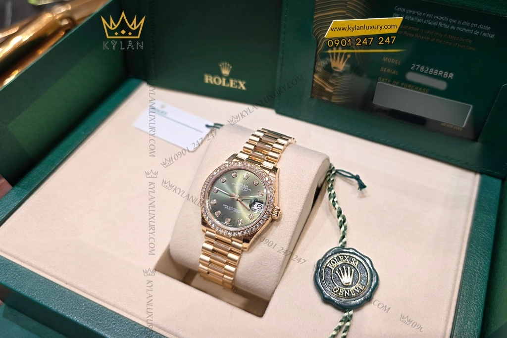 Kỳ Lân Luxury dong ho rolex datejust 31 278288rbr 0007 19 Đồng hồ Rolex Datejust 31 mặt số olive vành kim cương 278288rbr-0007