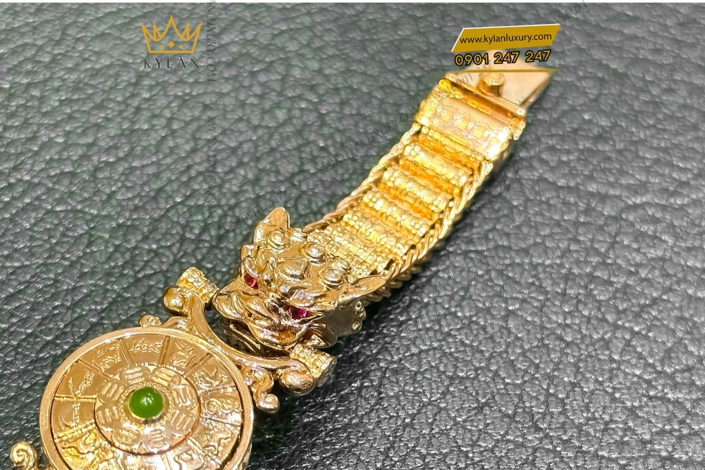 Kỳ Lân Luxury lac tay rong vang hong nguyen khoi au750 dinh da xanh phong thuy 4 Lắc tay rồng vàng hồng nguyên khối Au750 đính đá xanh phong thủy