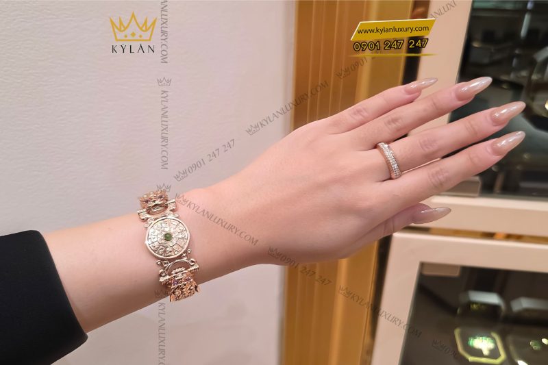 Lắc tay rồng vàng hồng nguyên khối Au750 đính đá xanh phong thủy