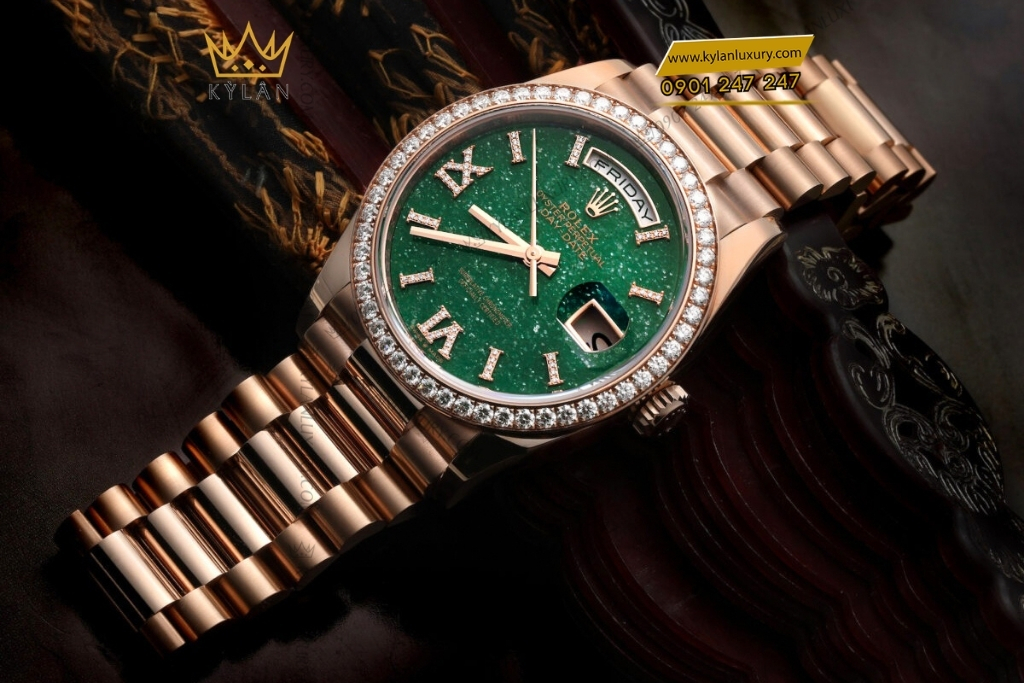 Kỳ Lân Luxury rolex day date 36mm 128345rbr mat da aventurine 4 Đồng hồ Rolex Day Date mặt đá xanh vành kim 128345RBR-0068