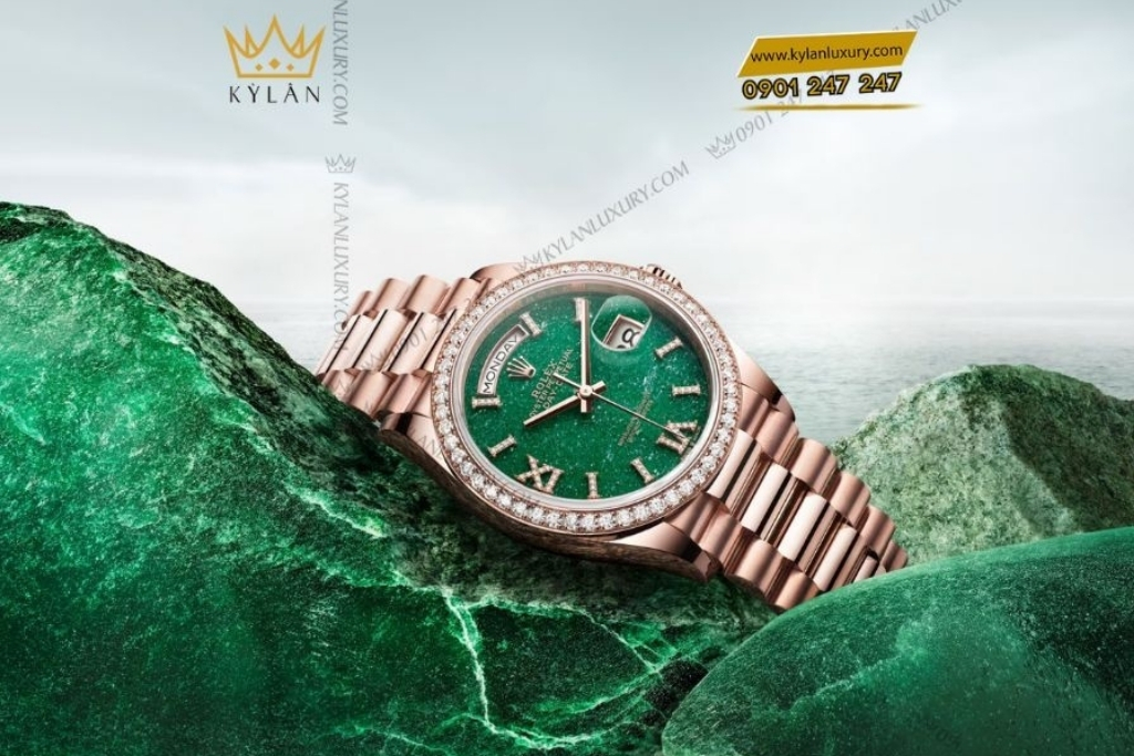 Kỳ Lân Luxury rolex day date 36mm 128345rbr mat da aventurine 6 Đồng hồ Rolex Day Date mặt đá xanh vành kim 128345RBR-0068