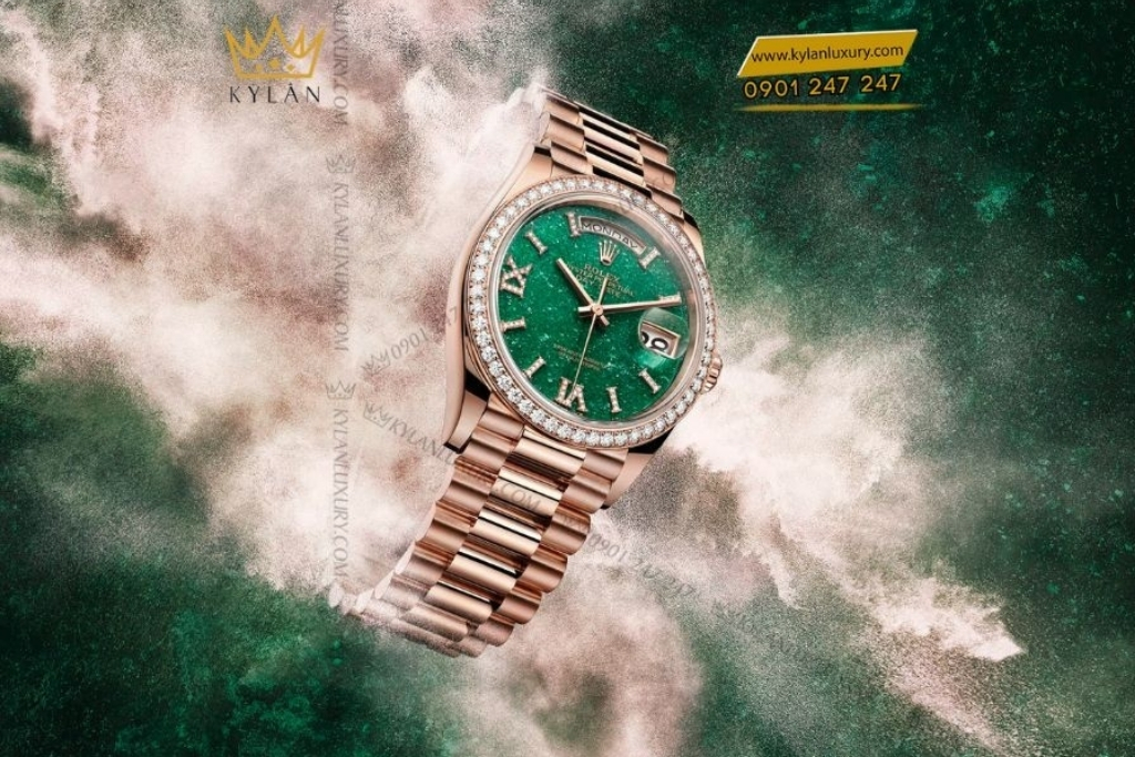 Kỳ Lân Luxury rolex day date 36mm 128345rbr mat da aventurine 7 Đồng hồ Rolex Day Date mặt đá xanh vành kim 128345RBR-0068