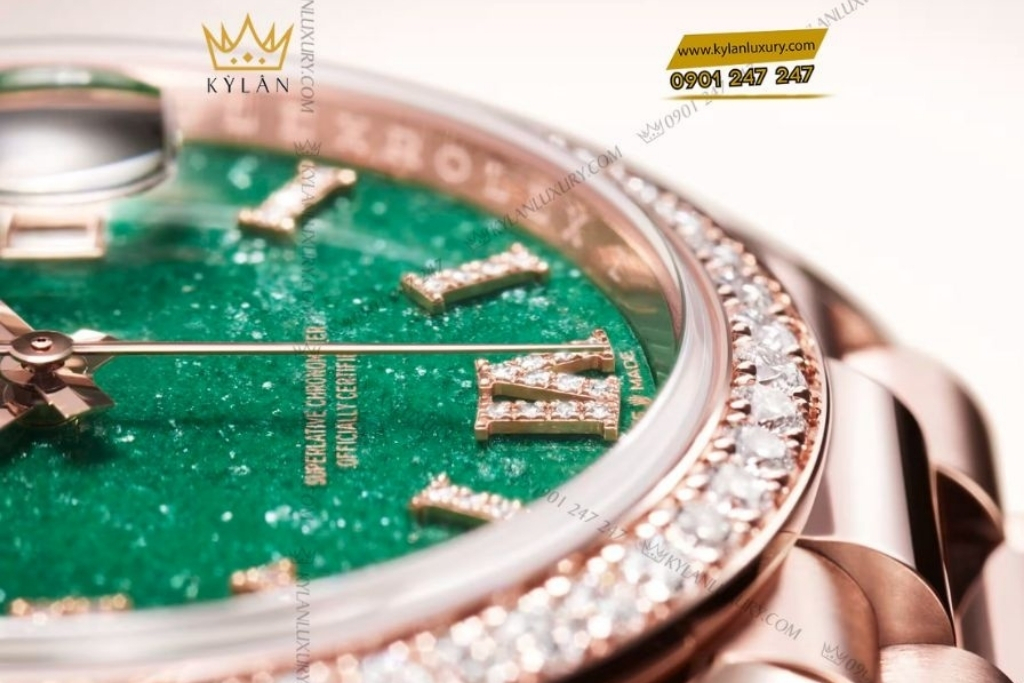 Kỳ Lân Luxury rolex day date 36mm 128345rbr mat da aventurine 8 Đồng hồ Rolex Day Date mặt đá xanh vành kim 128345RBR-0068