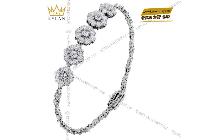 Lắc tay vàng trắng nguyên khối Au750 đính họa tiết hoa kim cương