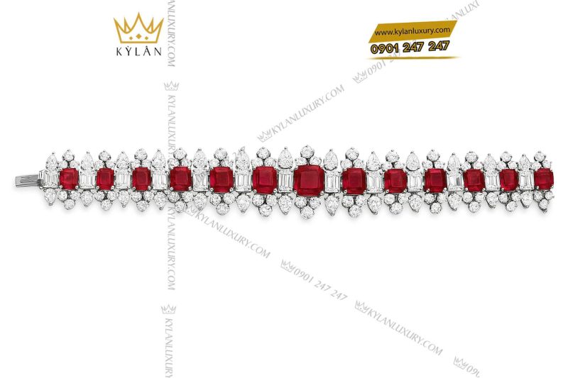 Lắc tay Imperial Flame vàng trắng nguyên khối Au750 đính đá quý đỏ