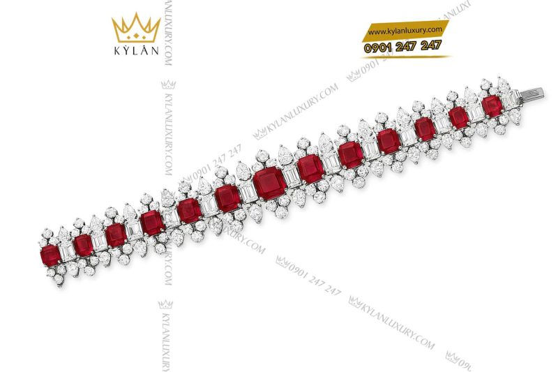 Lắc tay Imperial Flame vàng trắng nguyên khối Au750 đính đá quý đỏ