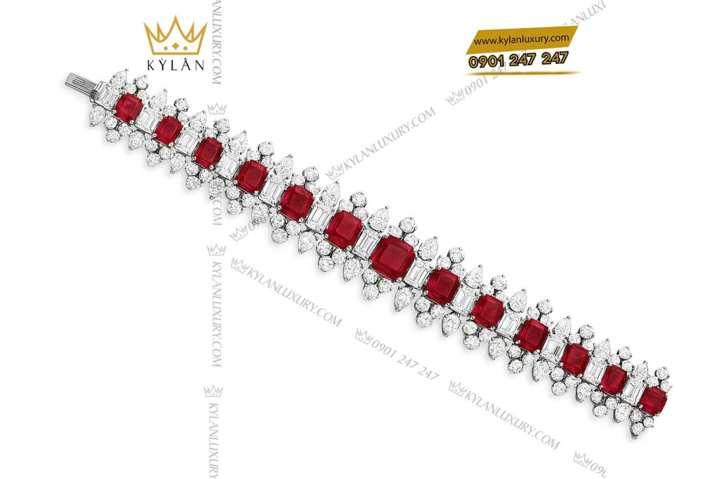 Lắc tay Imperial Flame vàng trắng nguyên khối Au750 đính đá quý đỏ 