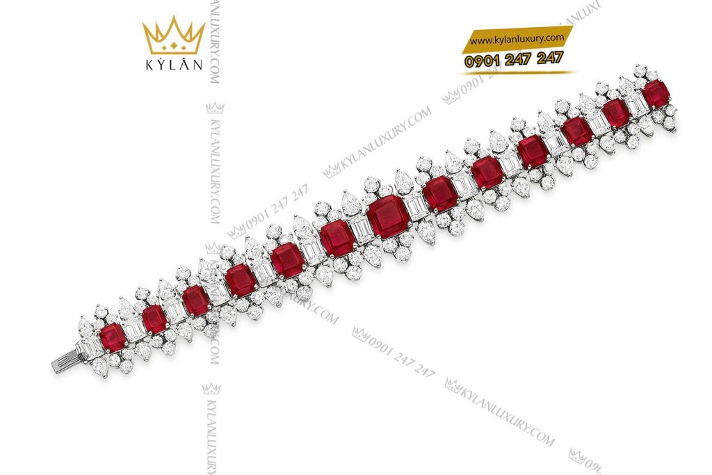 Lắc tay Imperial Flame vàng trắng nguyên khối Au750 đính đá quý đỏ 