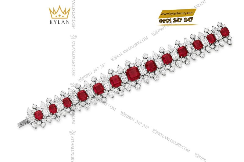 Lắc tay Imperial Flame vàng trắng nguyên khối Au750 đính đá quý đỏ