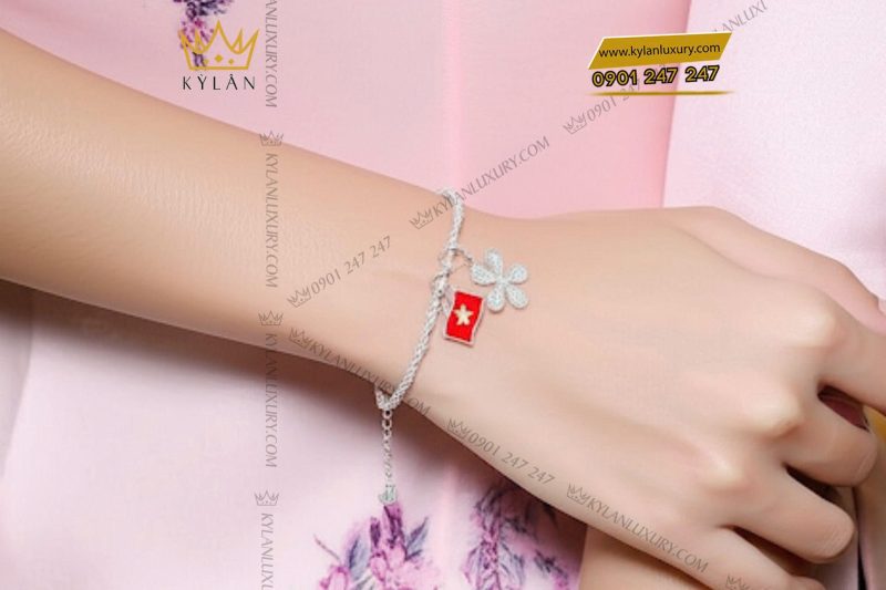 Vòng tay vàng trắng nguyên khối Au750 đính kim cương
