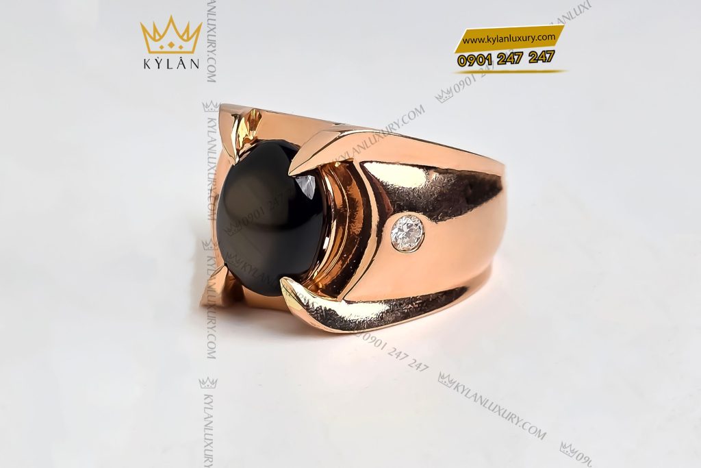 Kỳ Lân Luxury 1 1 Nhẫn nam vàng hồng nguyên khối Au750 đính đá sapphire đen