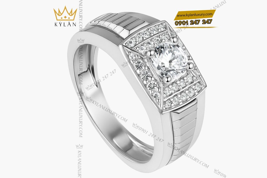 Kỳ Lân Luxury 1 10 Nhẫn nam vàng trắng nguyên khối Au750 đính kim cương