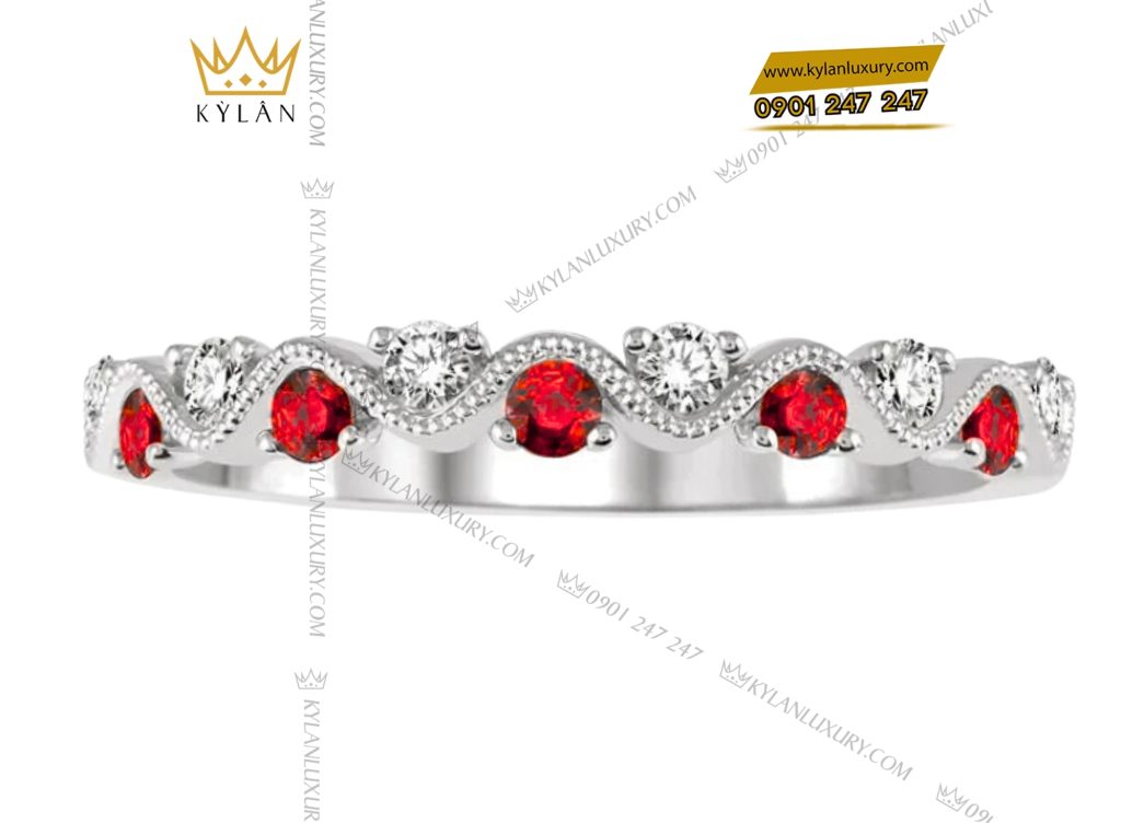 Nhẫn vàng trắng Au750 đính kim cương và sapphire đỏ 