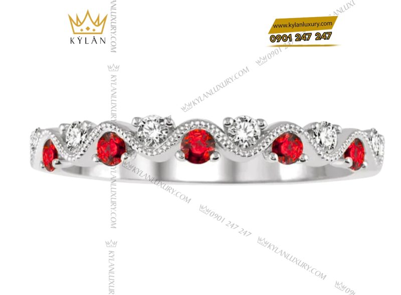 Nhẫn vàng trắng Au750 đính kim cương và sapphire đỏ 
