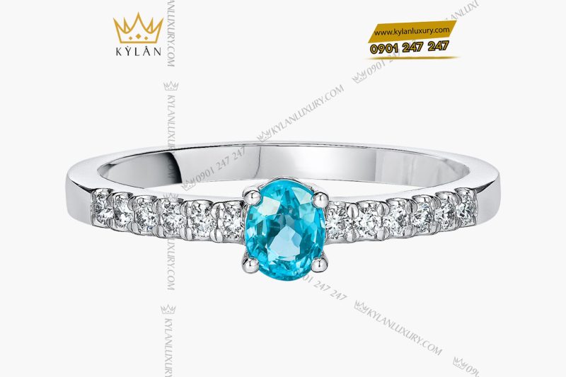 Nhẫn Thiên Thanh vàng trắng nguyên khối Au750 đính kim cương và đá quý