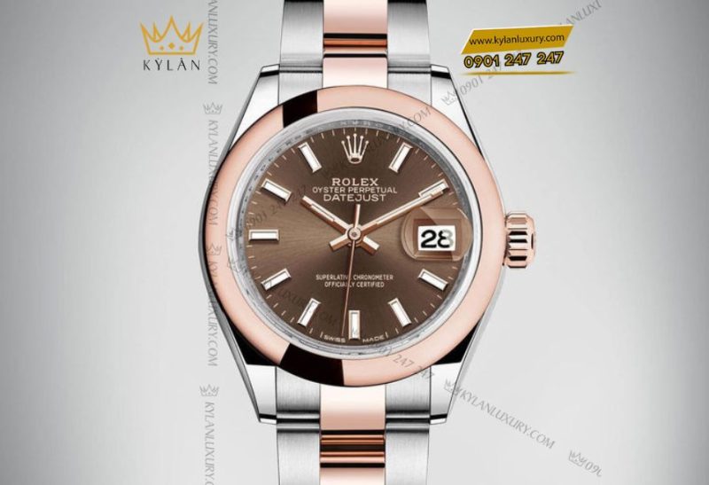 Rolex Lady-Datejust m279161 mặt số chocolate hiệu ứng tia mặt trời, công nghệ PVD hiện đại, phản chiếu ánh sáng tinh tế và sang trọng
