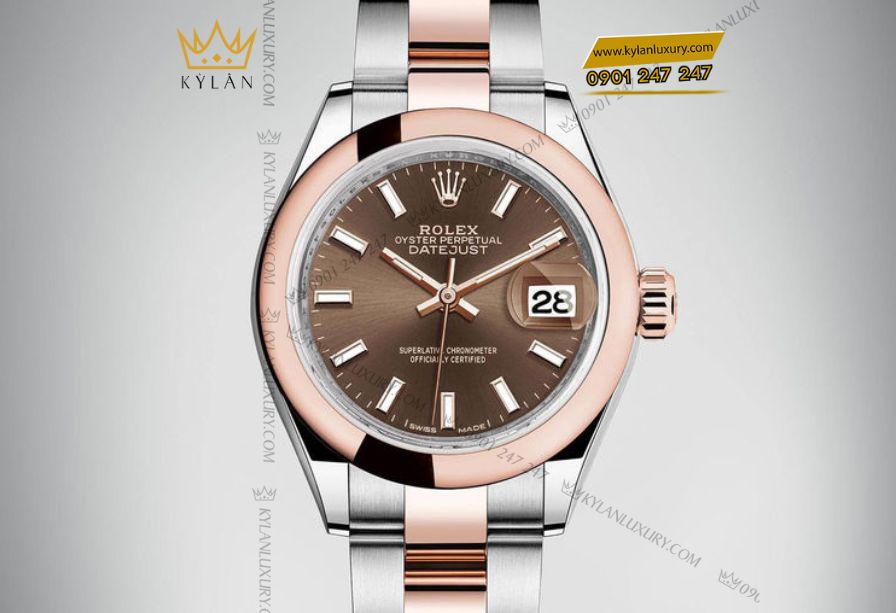 Rolex Lady-Datejust m279161 mặt số chocolate hiệu ứng tia mặt trời, công nghệ PVD hiện đại, phản chiếu ánh sáng tinh tế và sang trọng
