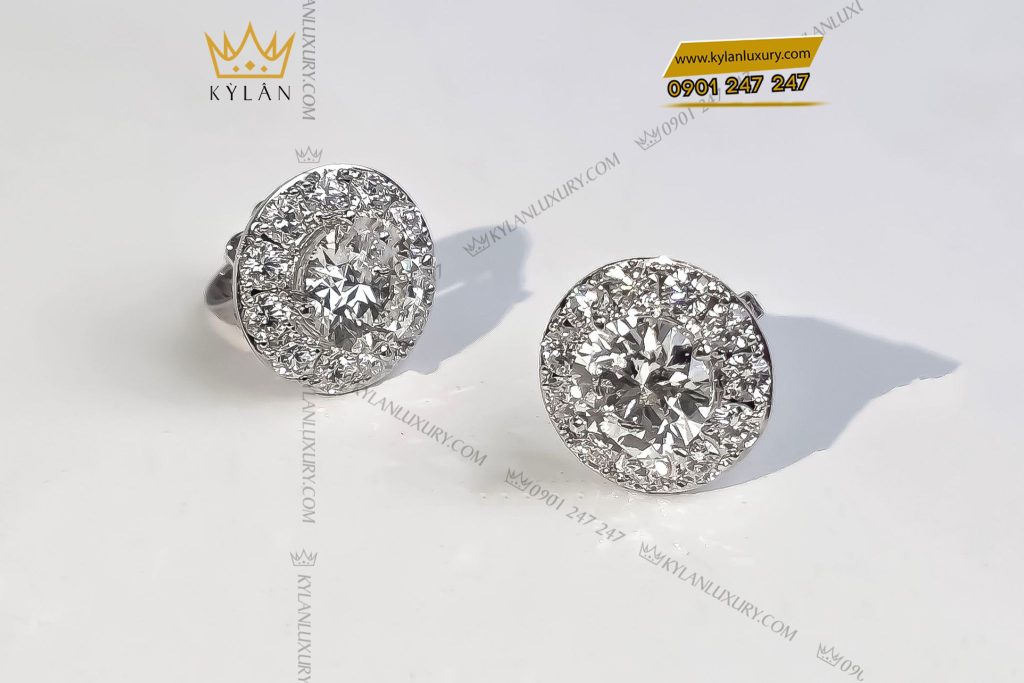Cặp bông tai vàng trắng nguyên khối Au750 đính viên chủ kim cương 7ly5
