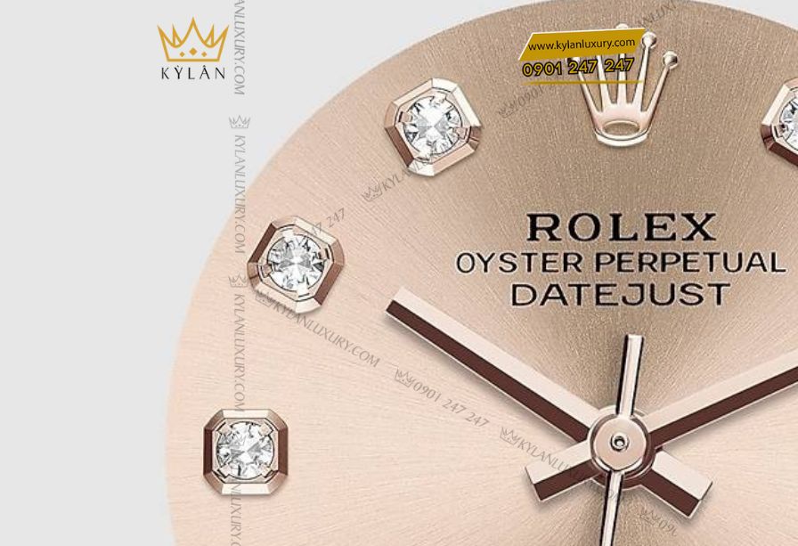 Rolex Datejust m278285RBR 31mm mặt số hoa hồng hiệu ứng tia mặt trời, cọc số đính kim cương sang trọng và tinh xảo