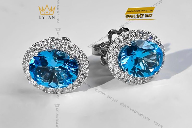 Bông tai kim cương vàng trắng nguyên khối Au750 đính đá Topaz xanh