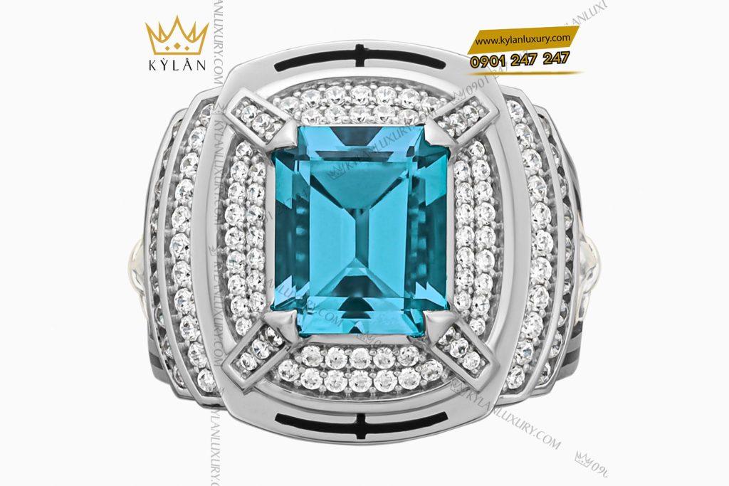 Nhẫn nam vàng trắng nguyên khối Au750 đính kim cương và đá quý