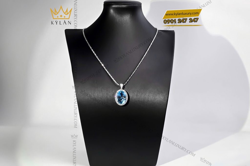 Mặt dây chuyền kim cương vàng trắng nguyên khối Au750 đính đá Topaz xanh