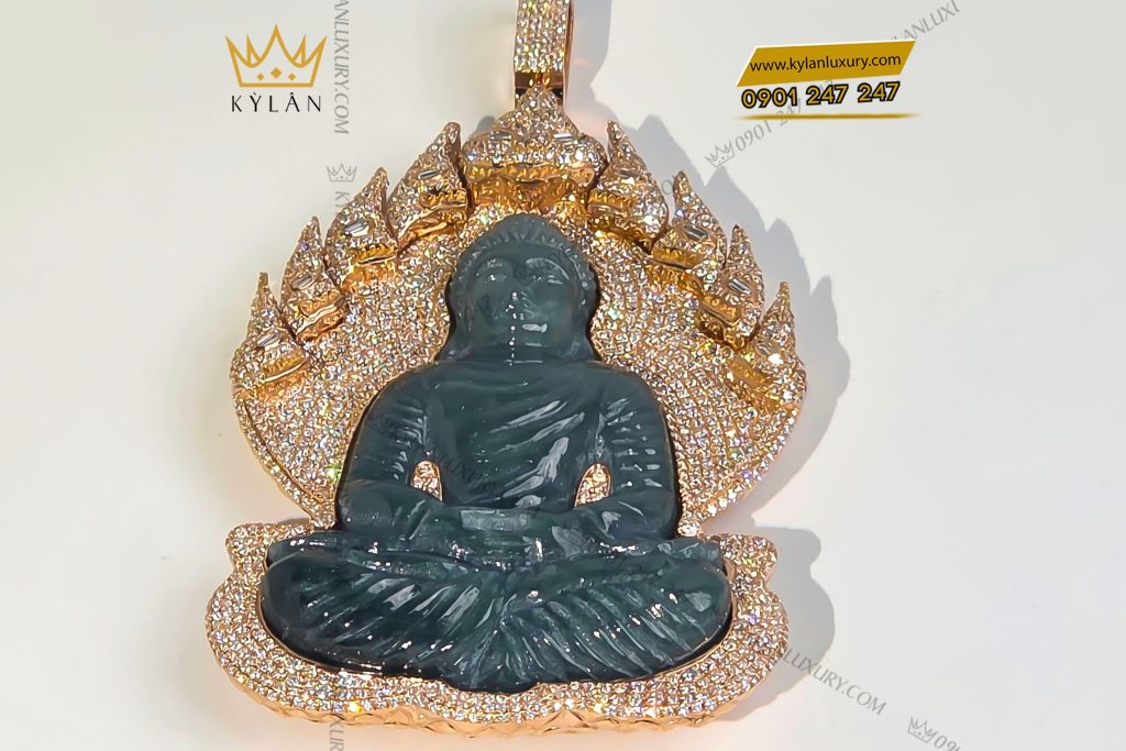 Kỳ Lân Luxury 1 71 Mặt dây chuyền mặt Phật vàng hồng nguyên khối Au750 đính kim cương